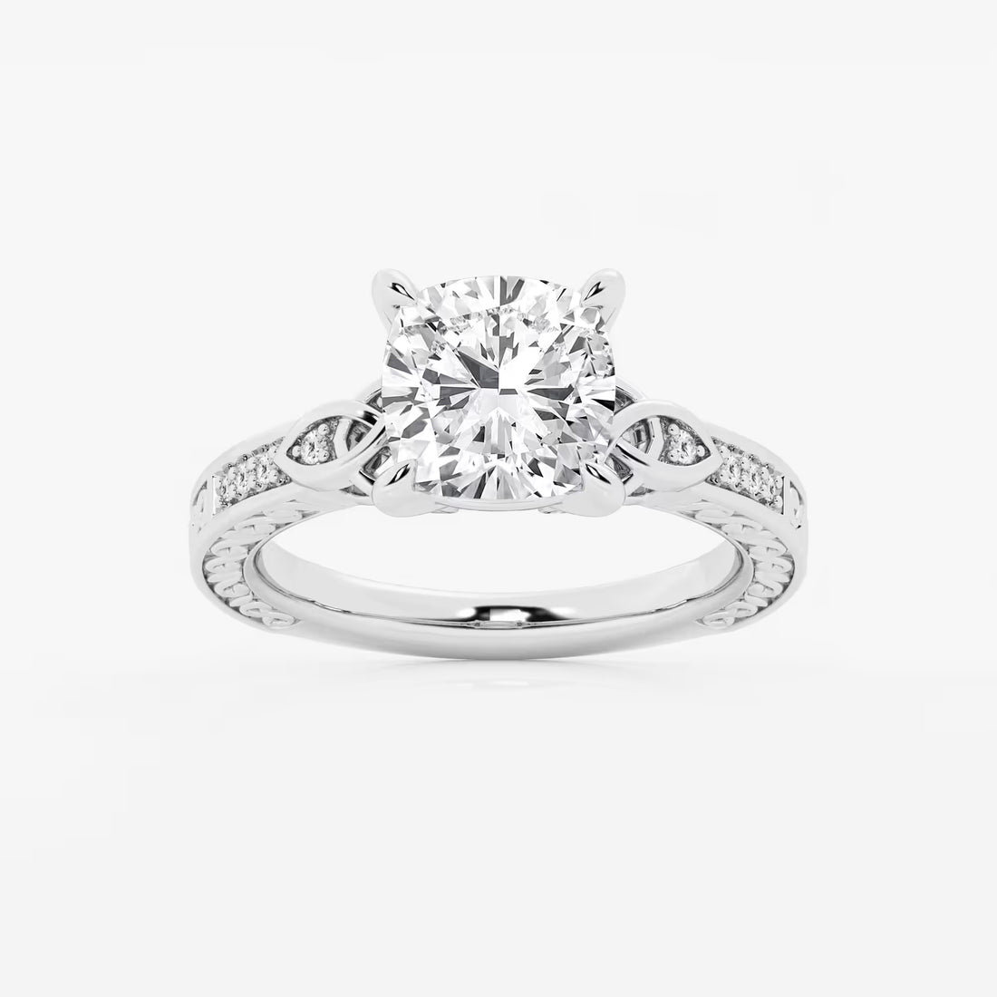 Cushion Lab Grown Diamond Vintage Inspired Celtic Side Stone Engagement Ring