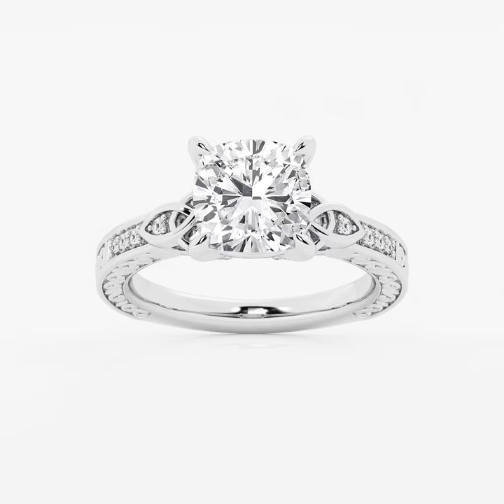 Cushion Lab Grown Diamond Vintage Inspired Celtic Side Stone Engagement Ring