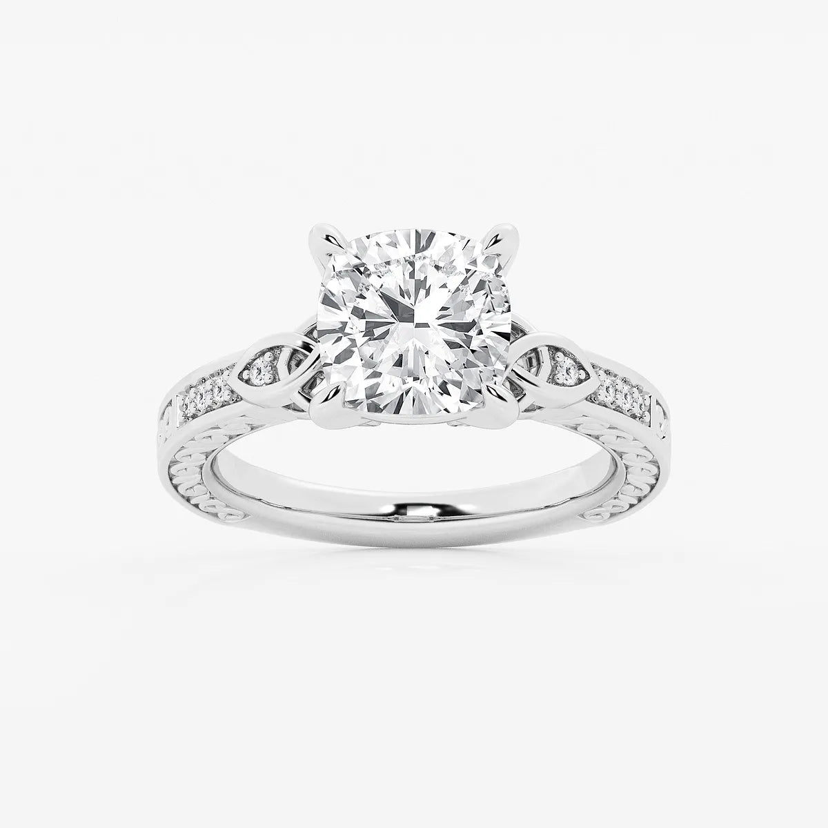 Cushion Lab Grown Diamond Vintage Inspired Celtic Side Stone Engagement Ring