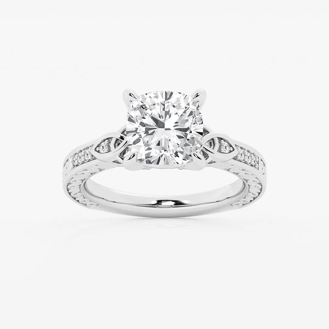 Cushion Lab Grown Diamond Vintage Inspired Celtic Side Stone Engagement Ring