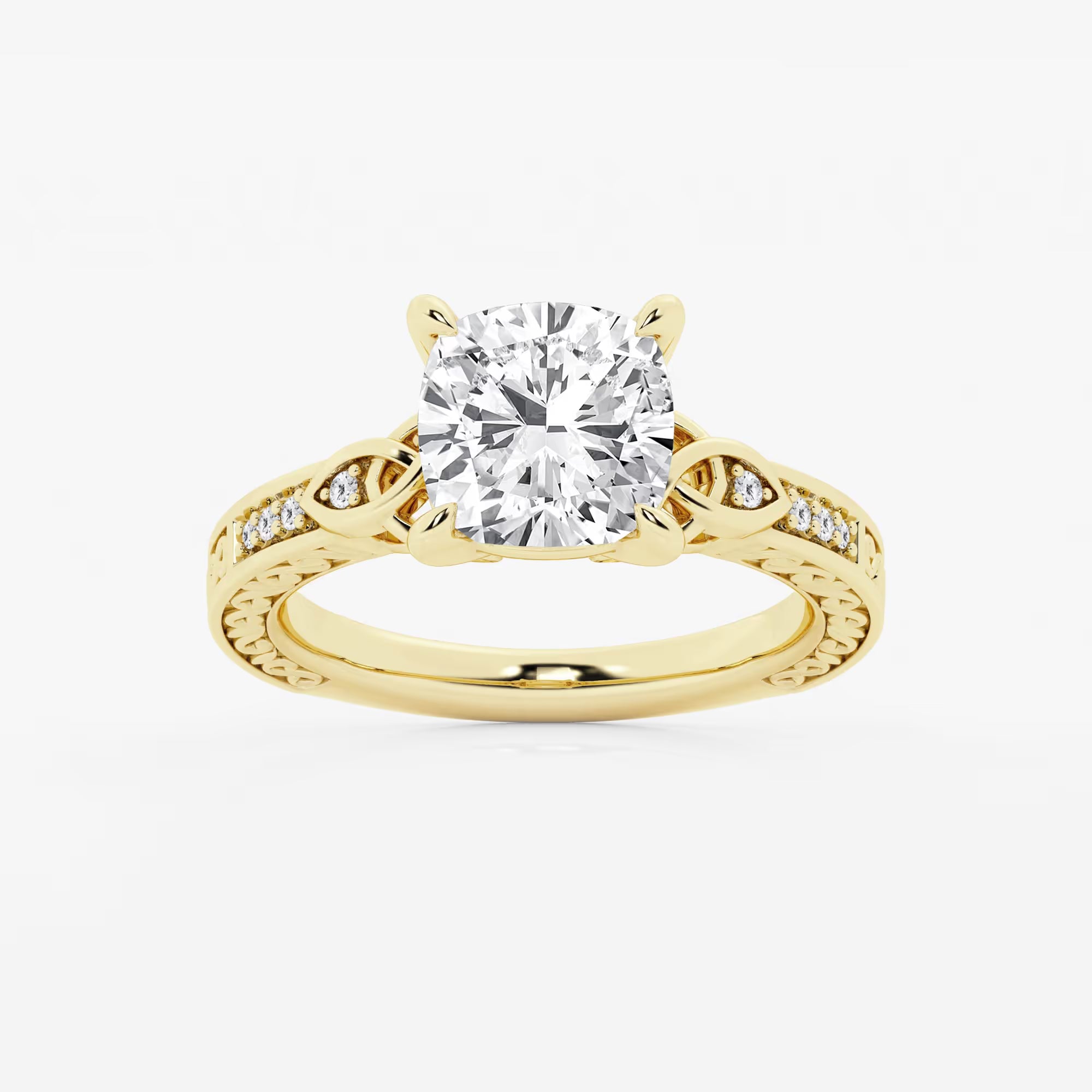 Cushion Lab Grown Diamond Vintage Inspired Celtic Side Stone Engagement Ring