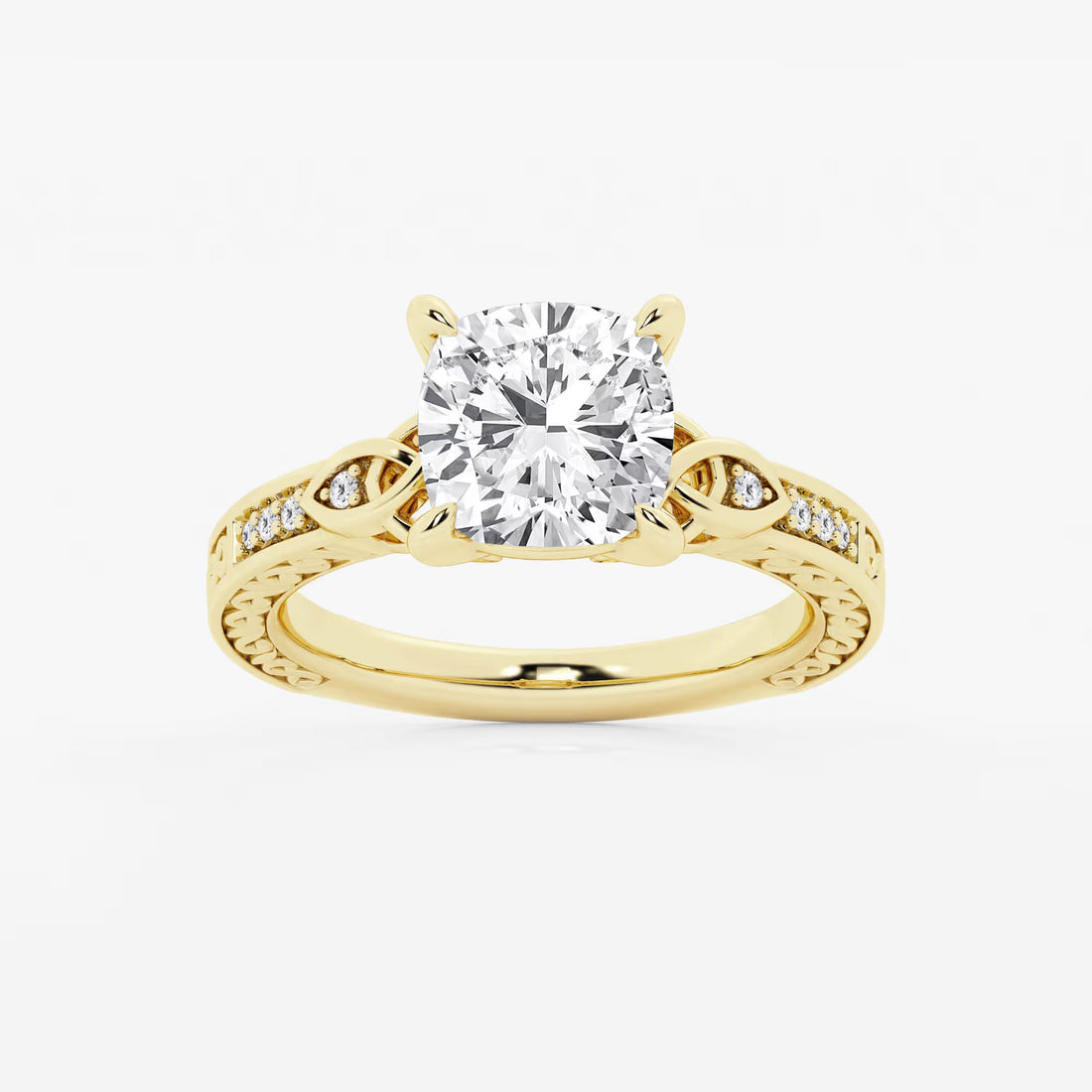 Cushion Lab Grown Diamond Vintage Inspired Celtic Side Stone Engagement Ring