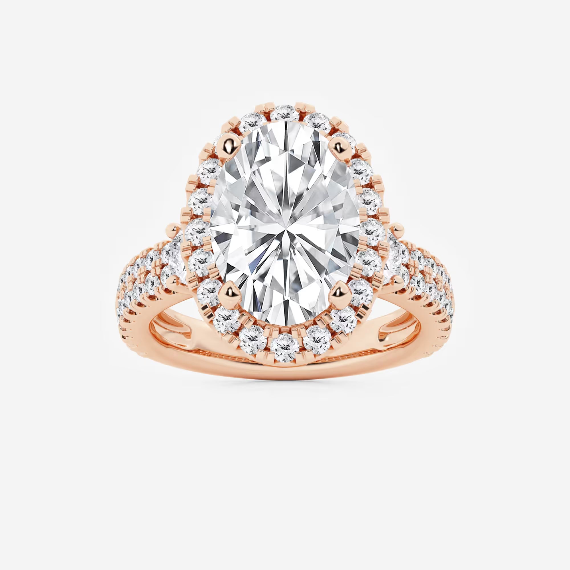 Oval Cut Bold Halo Ring with Triple Row Pave Diamond Band