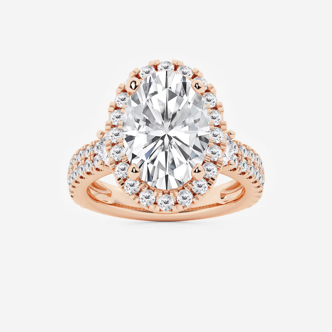 Oval Cut Bold Halo Ring with Triple Row Pave Diamond Band