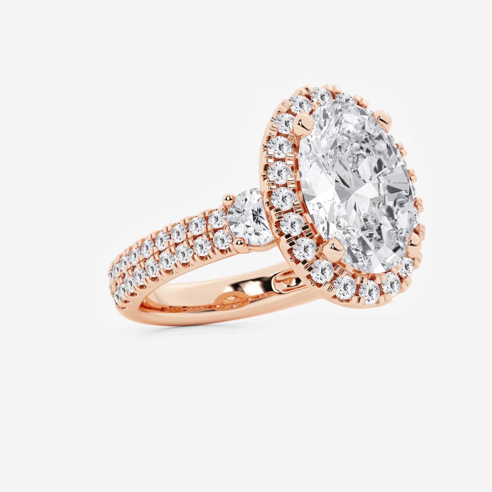 Oval Cut Bold Halo Ring with Triple Row Pave Diamond Band