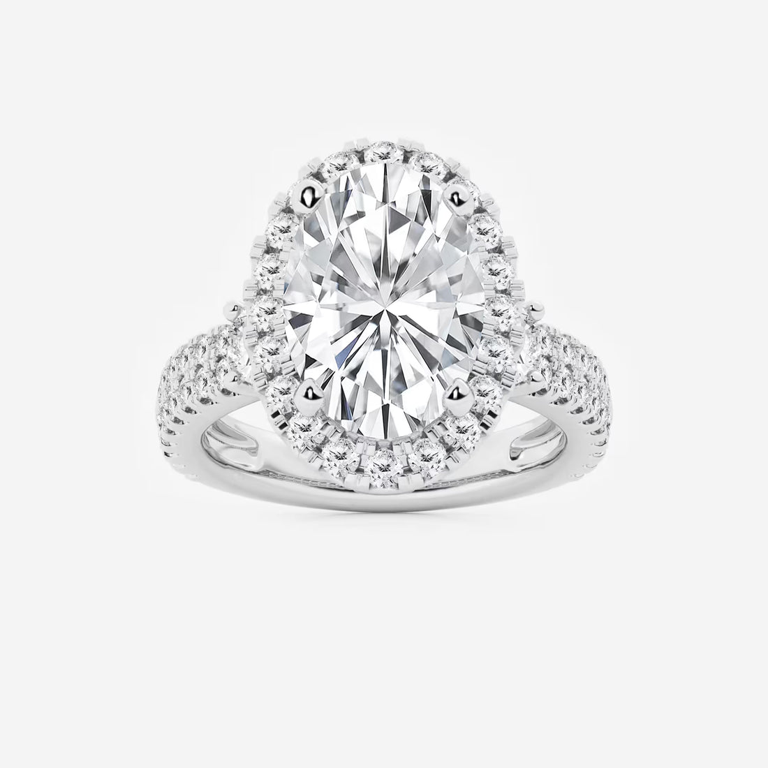 Oval Cut Bold Halo Ring with Triple Row Pave Diamond Band