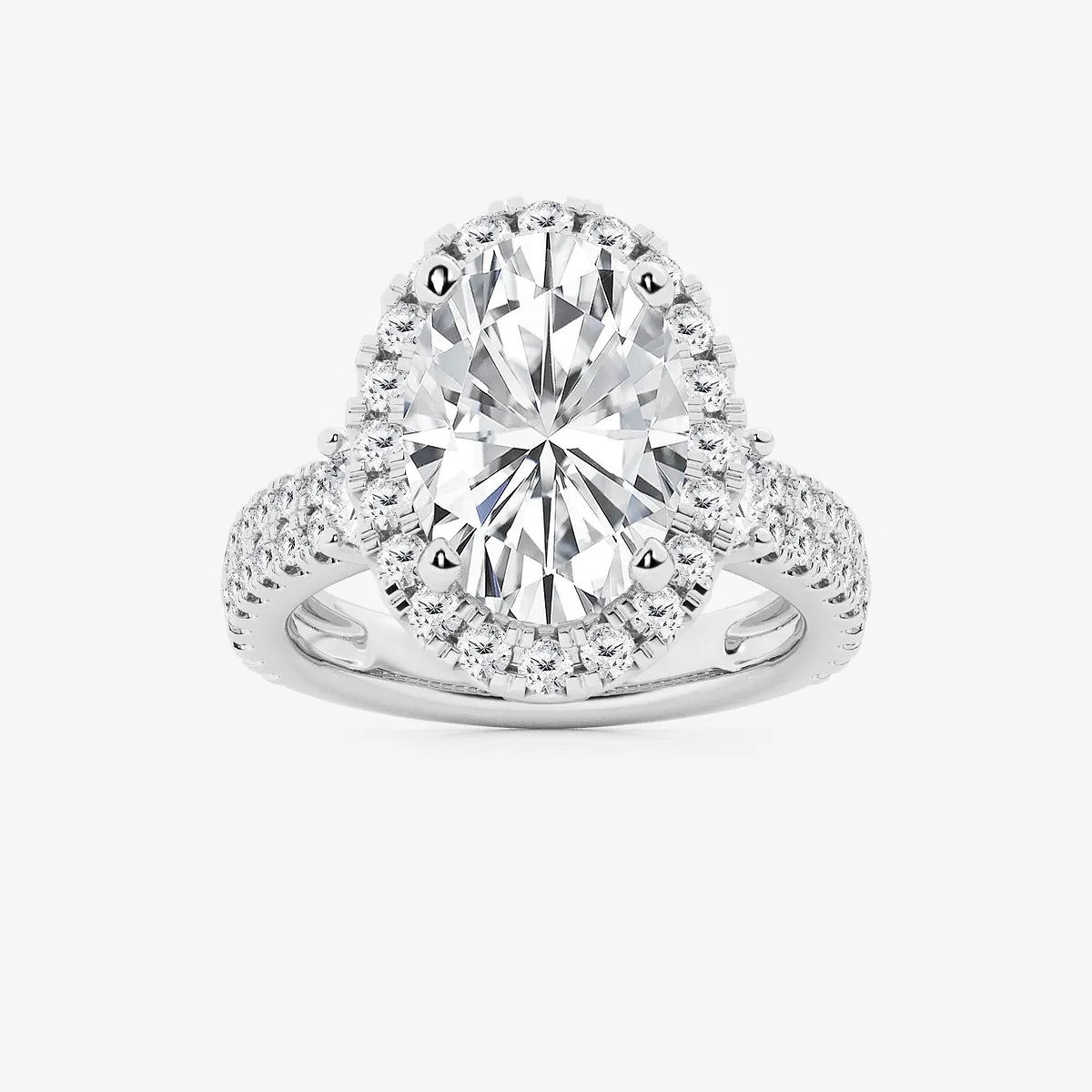 Oval Cut Bold Halo Ring with Triple Row Pave Diamond Band