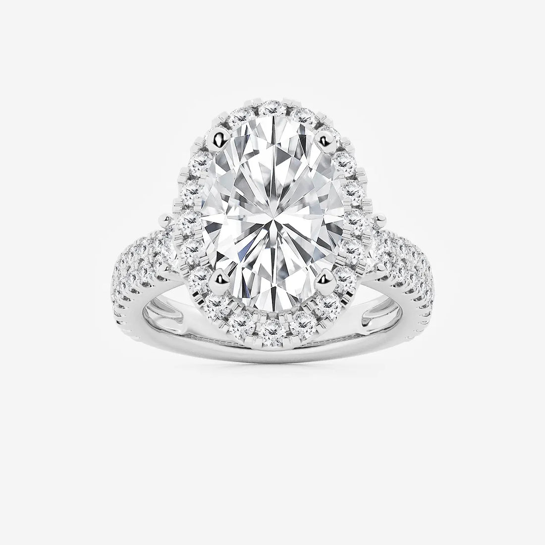 Oval Cut Bold Halo Ring with Triple Row Pave Diamond Band