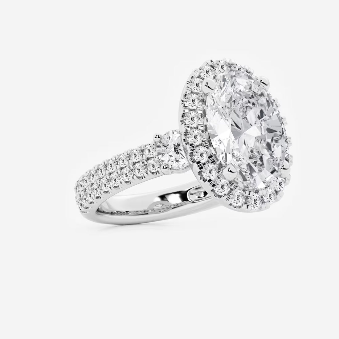 Oval Cut Bold Halo Ring with Triple Row Pave Diamond Band
