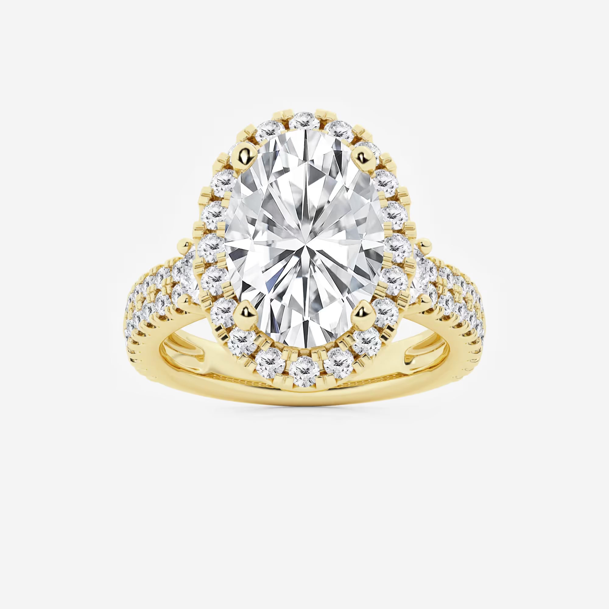 Oval Cut Bold Halo Ring with Triple Row Pave Diamond Band