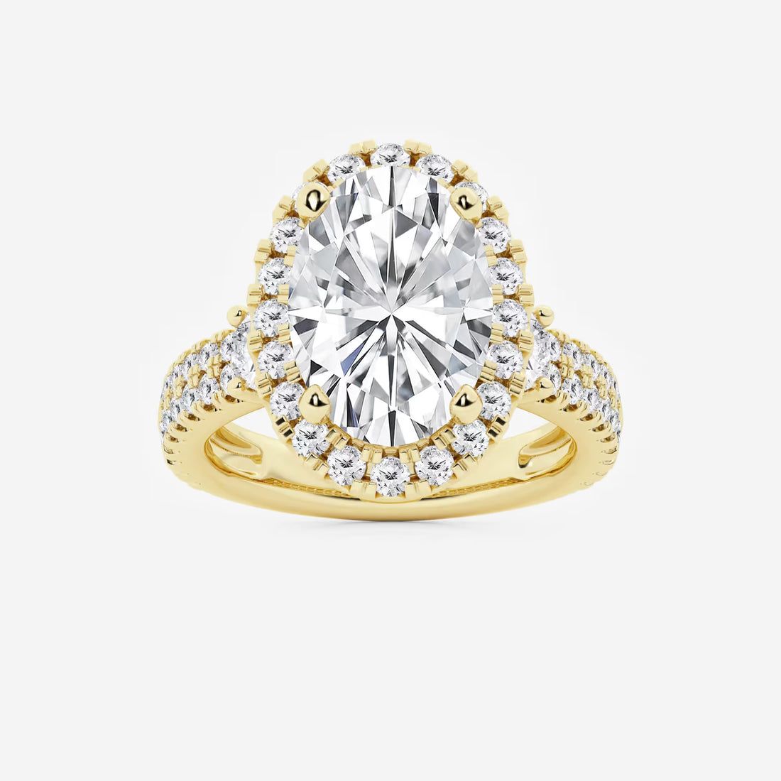 Oval Cut Bold Halo Ring with Triple Row Pave Diamond Band