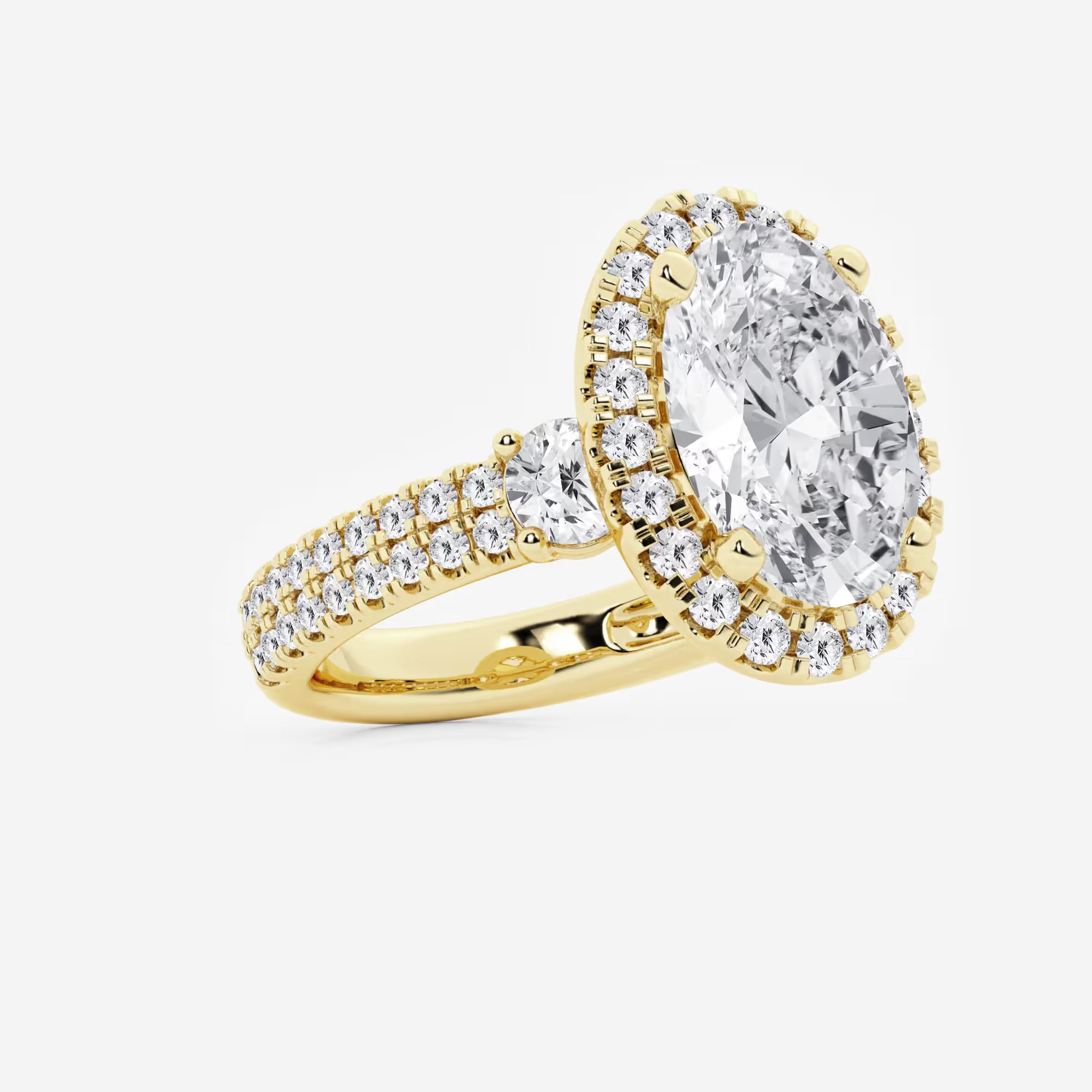 Oval Cut Bold Halo Ring with Triple Row Pave Diamond Band