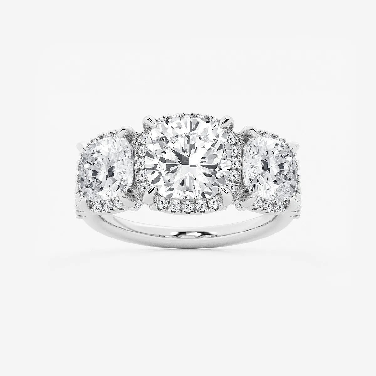 Cushion Lab Grown Diamond Shadow Halo Three Stone Engagement Ring