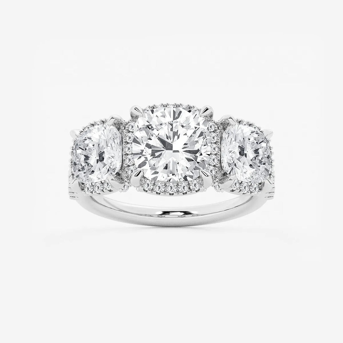 Cushion Lab Grown Diamond Shadow Halo Three Stone Engagement Ring