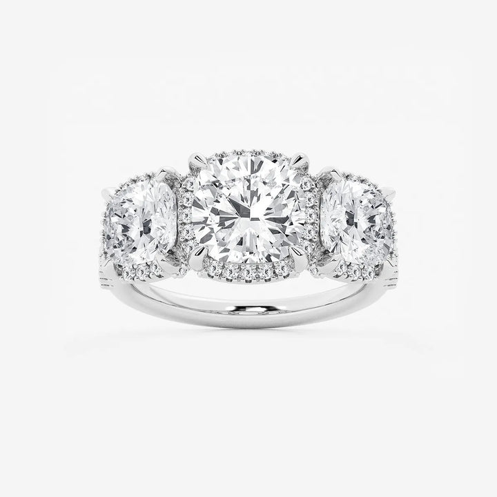 Cushion Lab Grown Diamond Shadow Halo Three Stone Engagement Ring