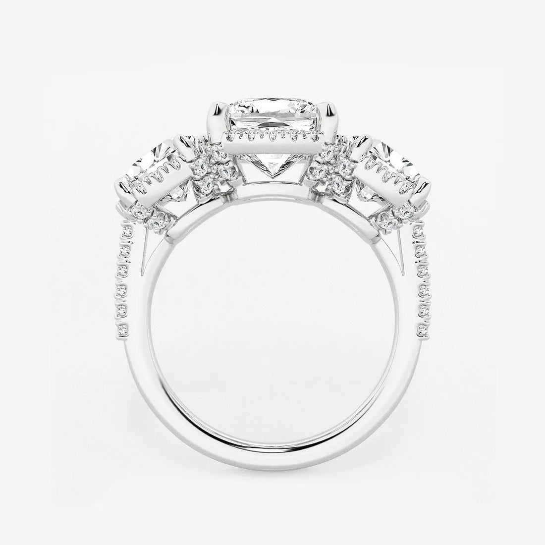Cushion Lab Grown Diamond Shadow Halo Three Stone Engagement Ring