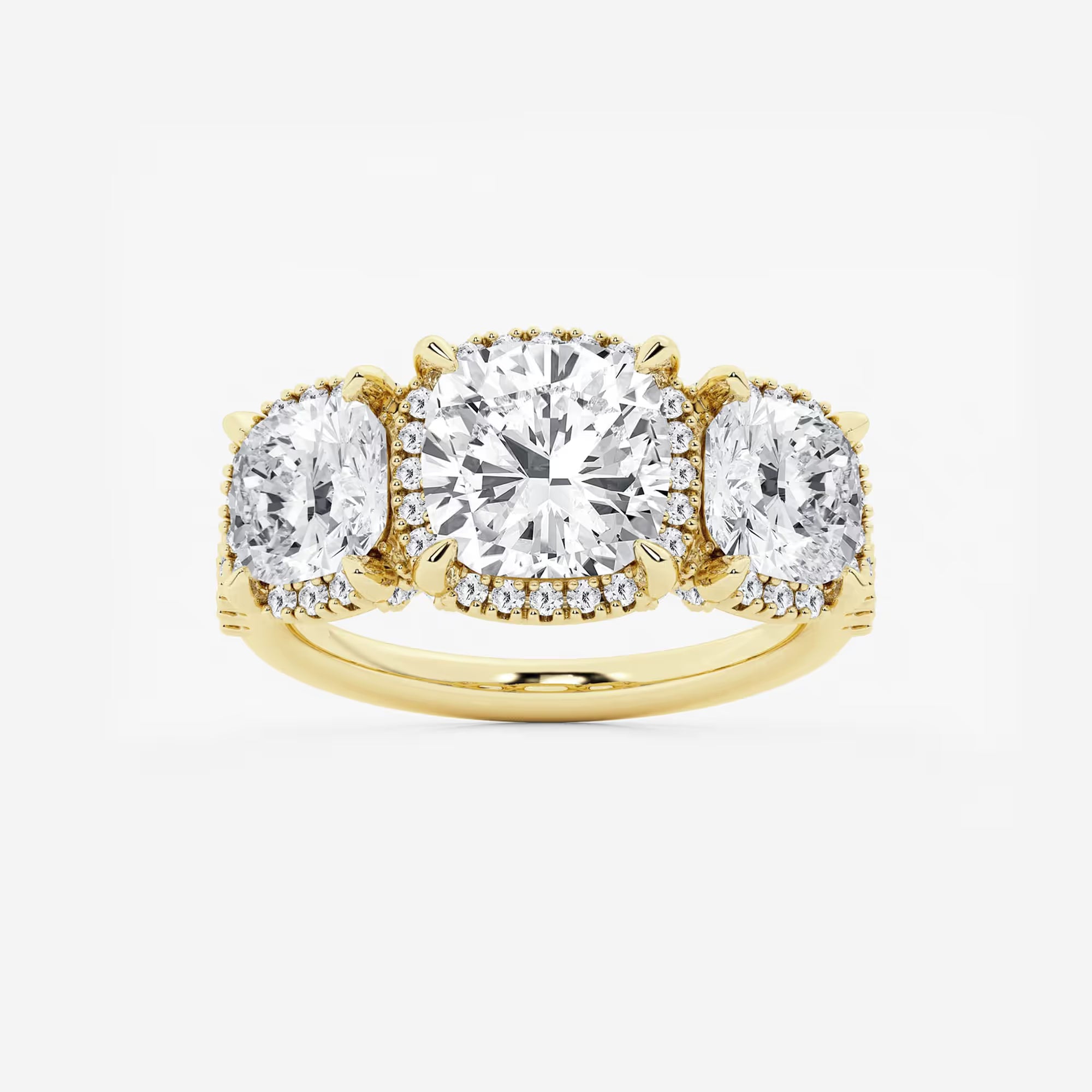 Cushion Lab Grown Diamond Shadow Halo Three Stone Engagement Ring