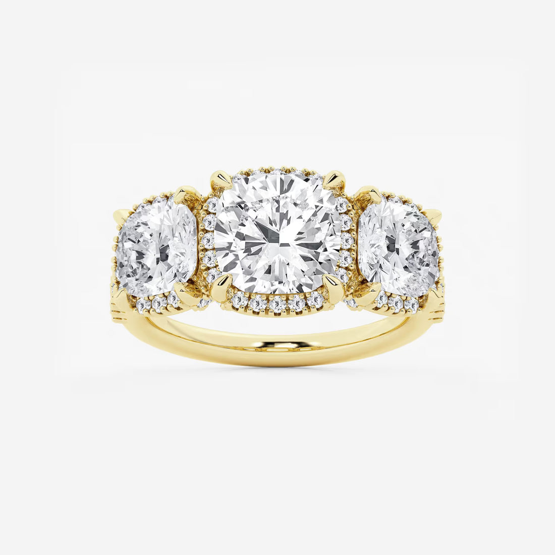 Cushion Lab Grown Diamond Shadow Halo Three Stone Engagement Ring