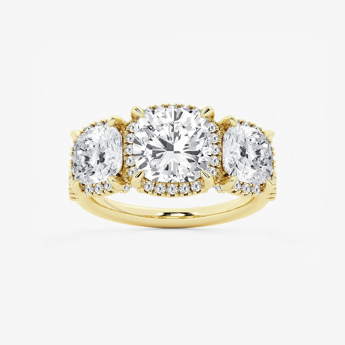 Cushion Lab Grown Diamond Shadow Halo Three Stone Engagement Ring