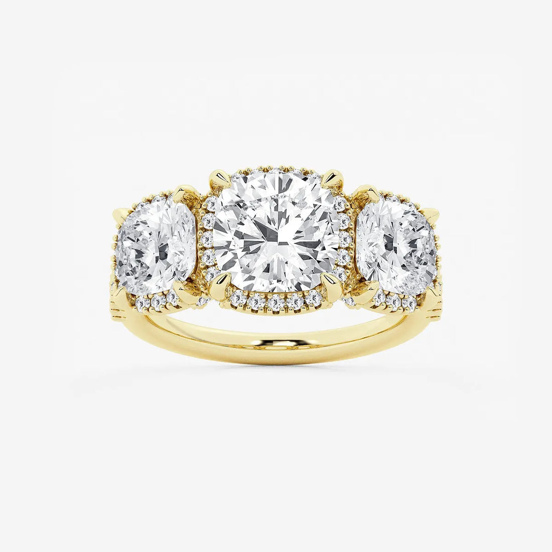 Cushion Lab Grown Diamond Shadow Halo Three Stone Engagement Ring