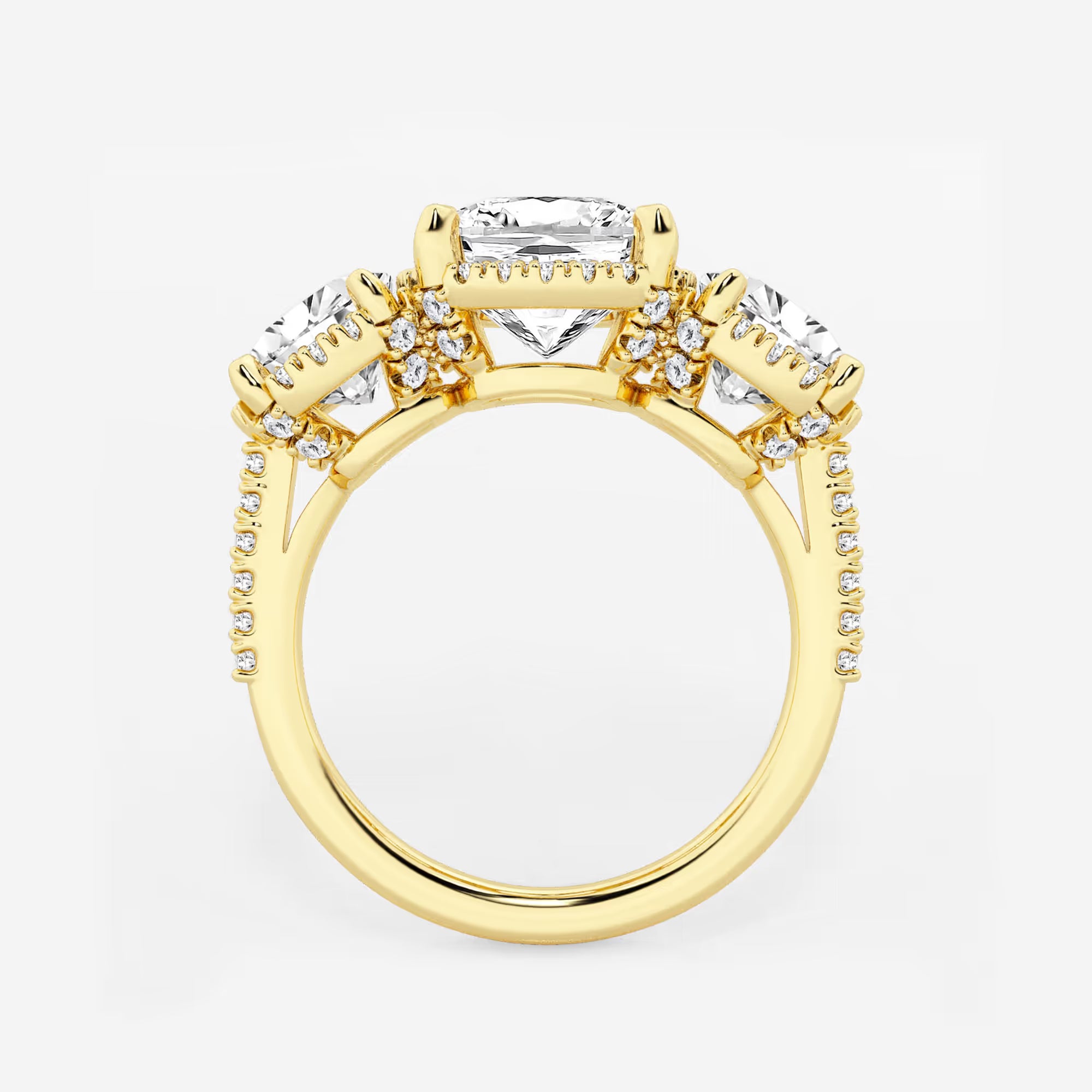 Cushion Lab Grown Diamond Shadow Halo Three Stone Engagement Ring