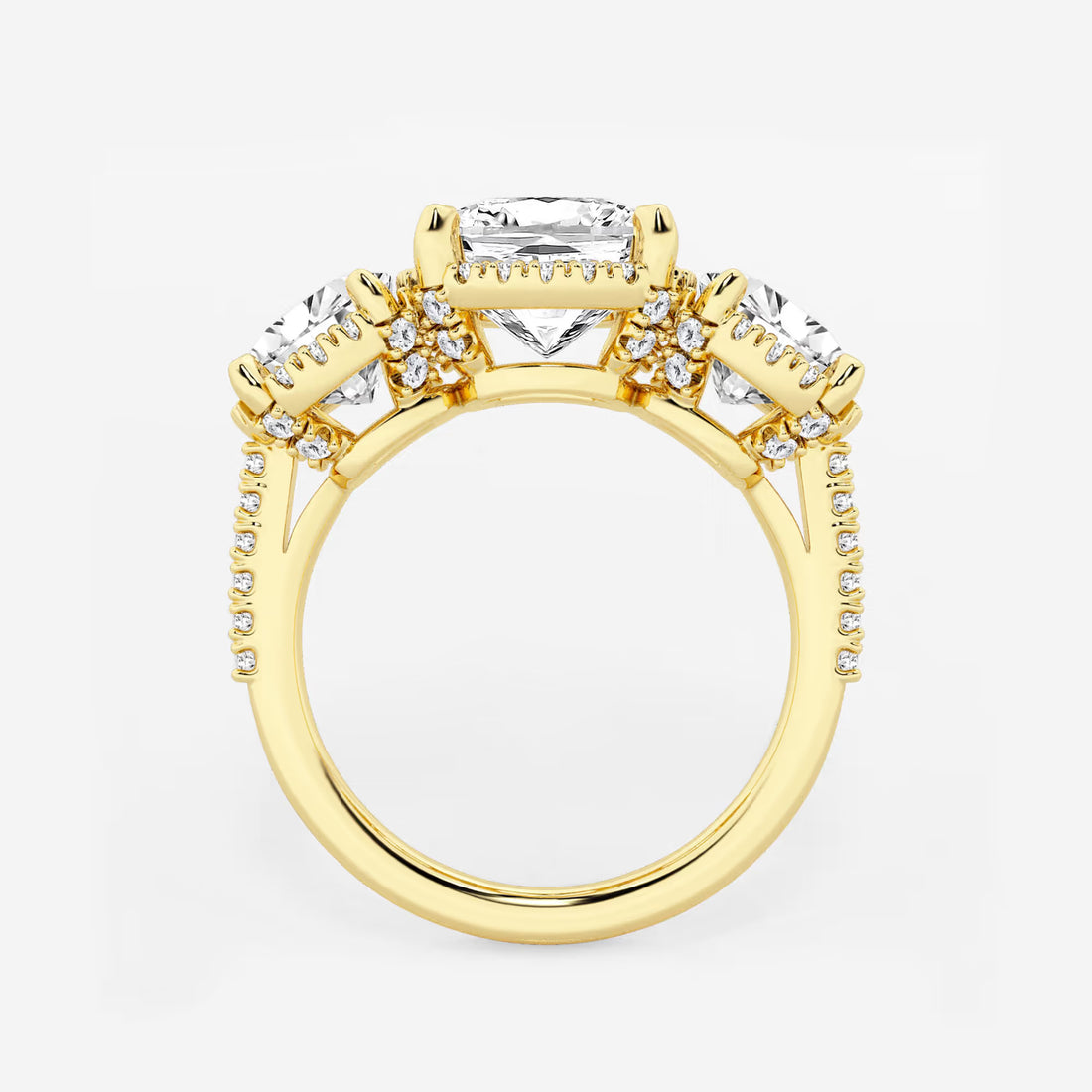 Cushion Lab Grown Diamond Shadow Halo Three Stone Engagement Ring