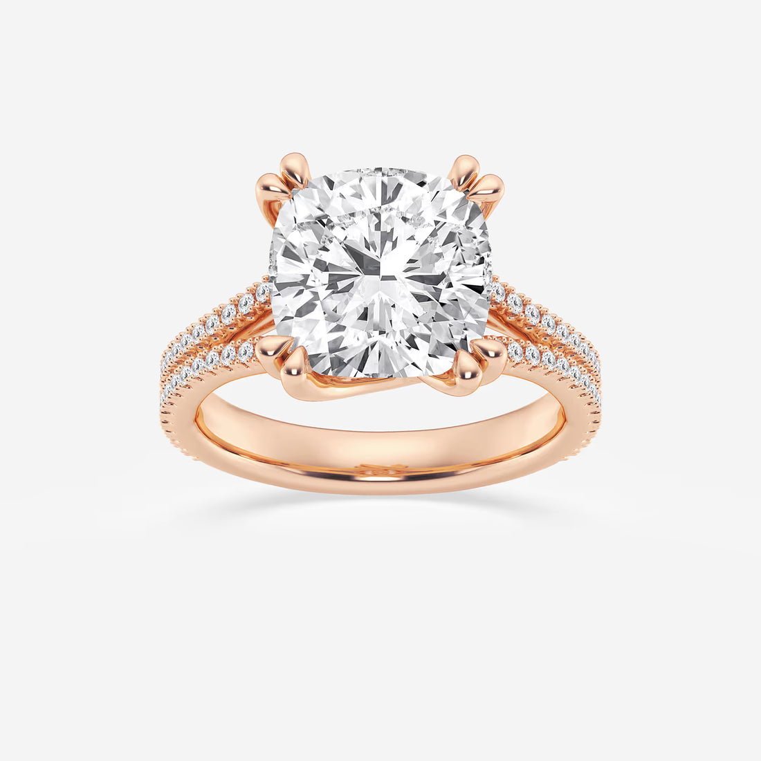 Cushion Lab Grown Diamond Double Heart Shape Prong Split Shank Side Stone Engagement Ring