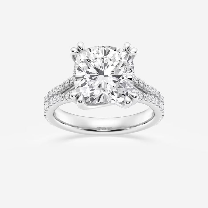 Cushion Lab Grown Diamond Double Heart Shape Prong Split Shank Side Stone Engagement Ring