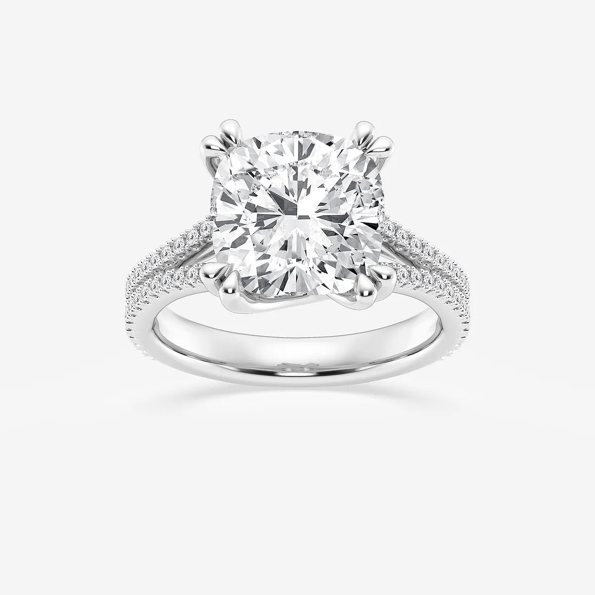Cushion Lab Grown Diamond Double Heart Shape Prong Split Shank Side Stone Engagement Ring