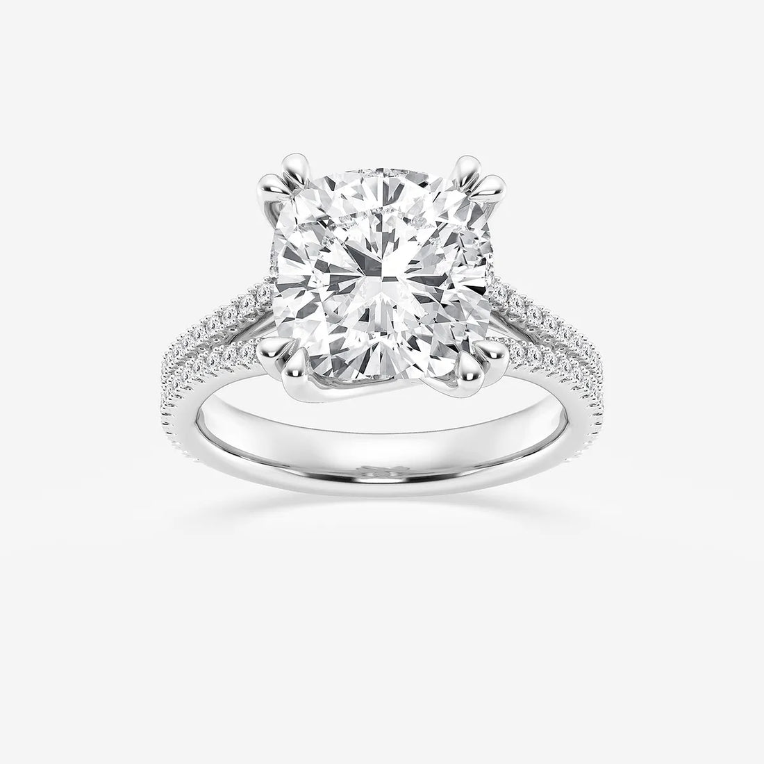 Cushion Lab Grown Diamond Double Heart Shape Prong Split Shank Side Stone Engagement Ring