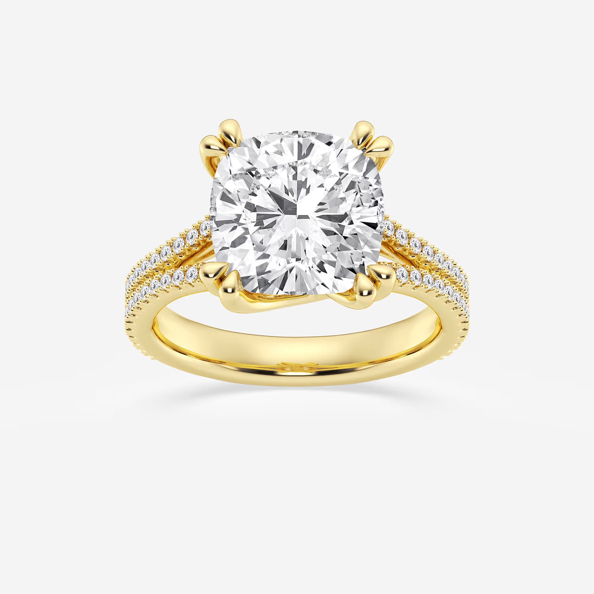 Cushion Lab Grown Diamond Double Heart Shape Prong Split Shank Side Stone Engagement Ring