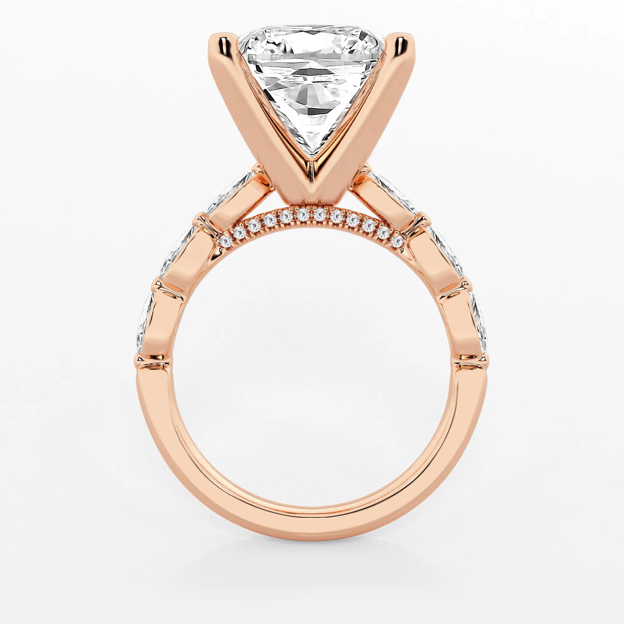 Cushion Lab Grown Diamond Engagement Ring with Floating Marquise Side Accents