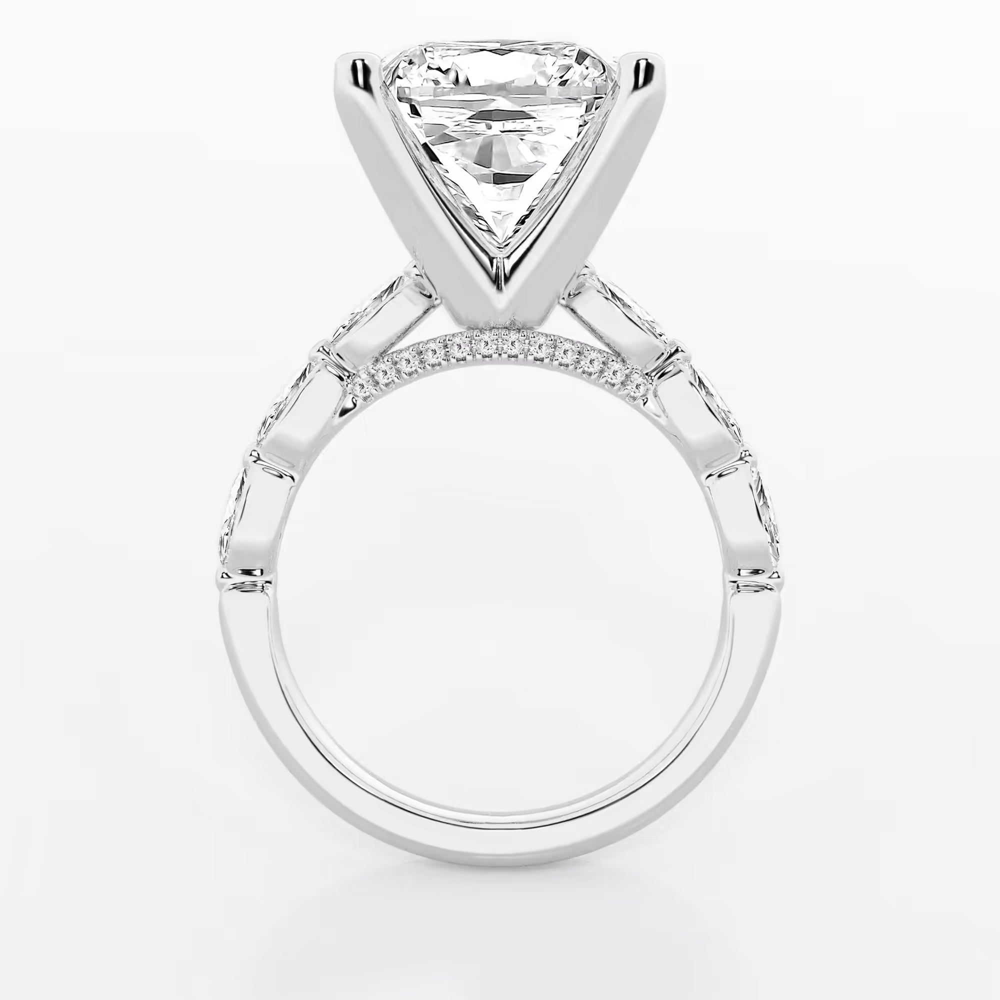 Cushion Lab Grown Diamond Engagement Ring with Floating Marquise Side Accents