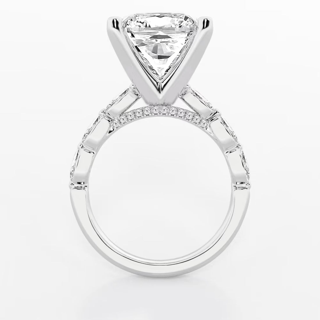 Cushion Lab Grown Diamond Engagement Ring with Floating Marquise Side Accents