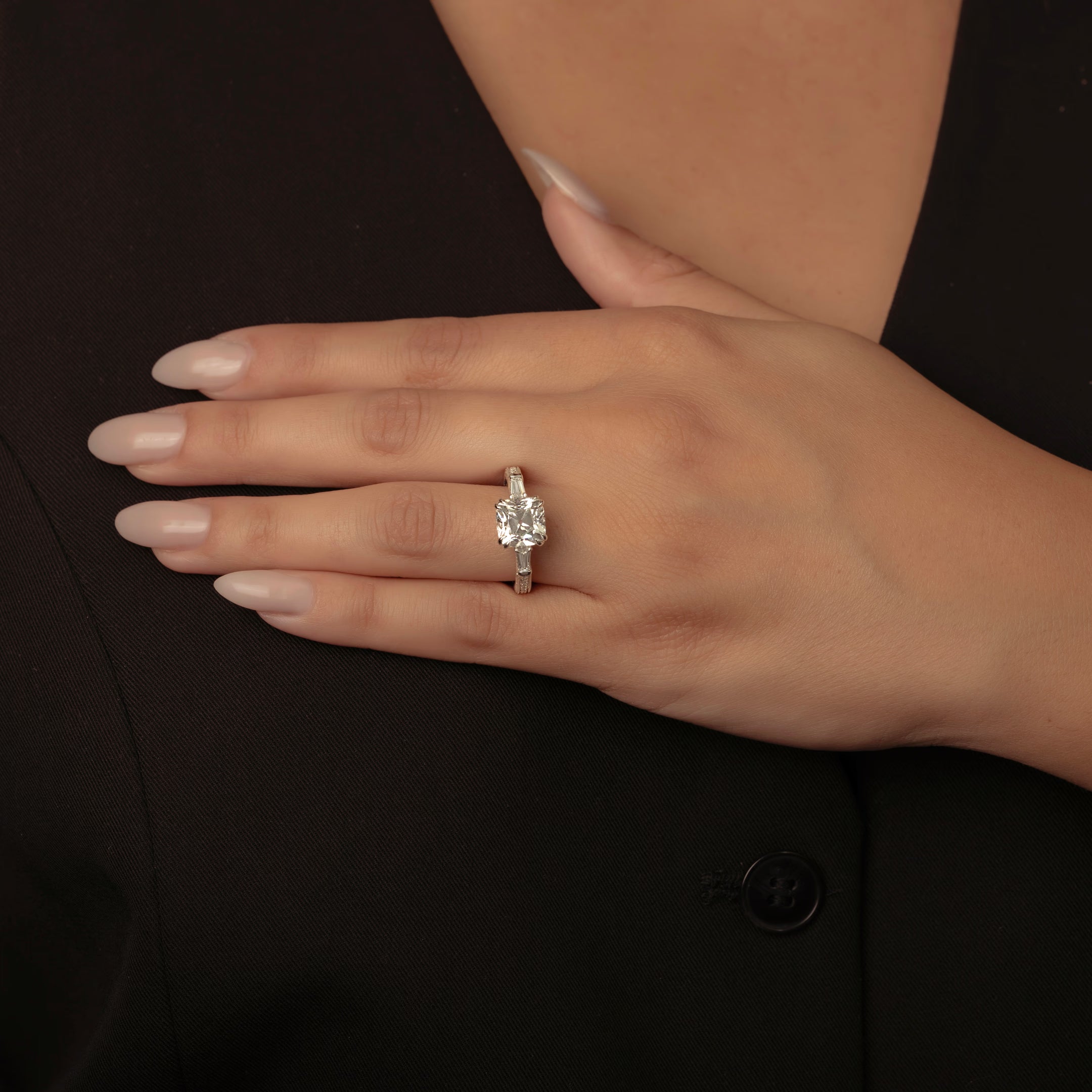 Celestia Cushion Lab-Grown Diamond Old Mine Cut Filigree Engagement Ring with Baguette Side Stones