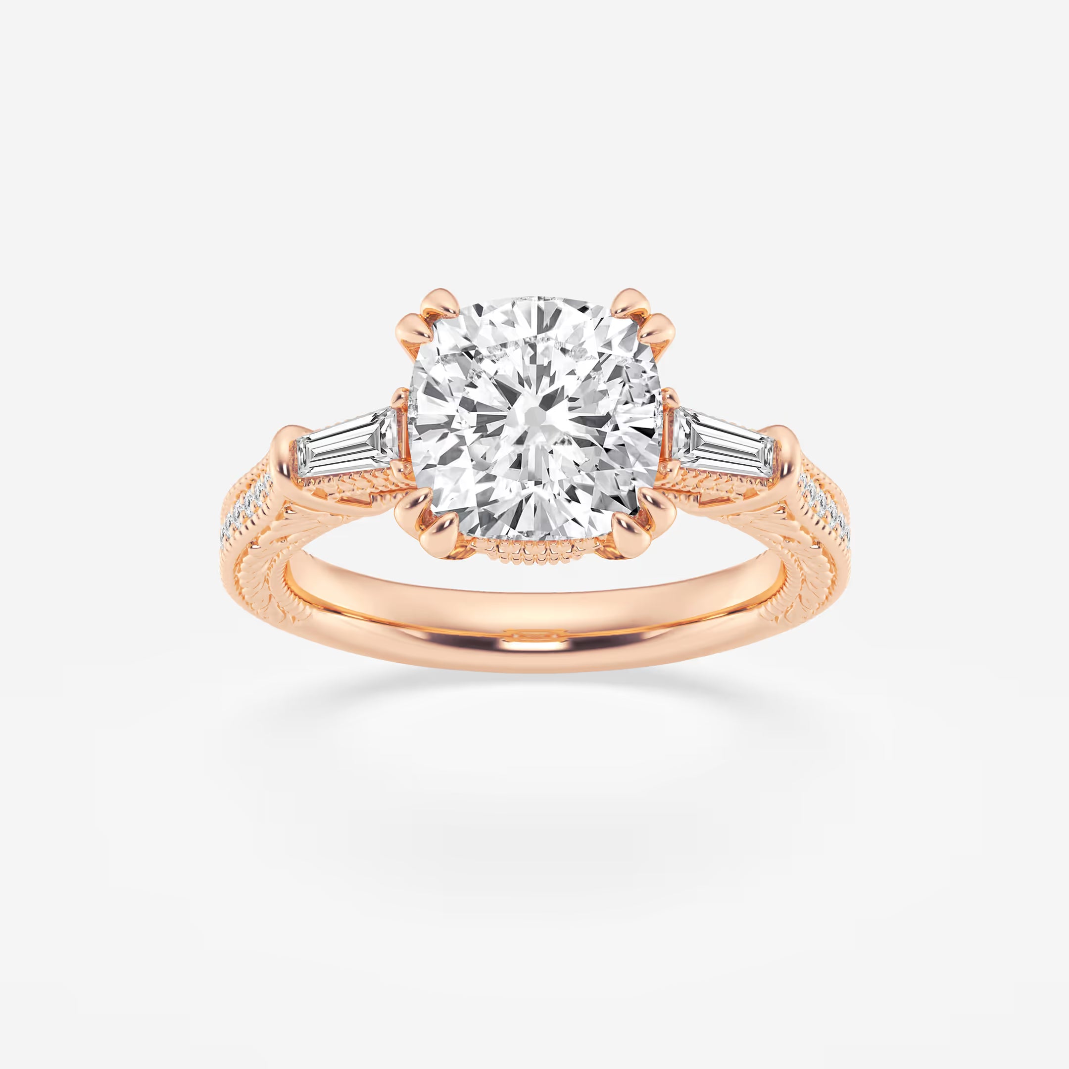 Celestia Cushion Lab-Grown Diamond Old Mine Cut Filigree Engagement Ring with Baguette Side Stones