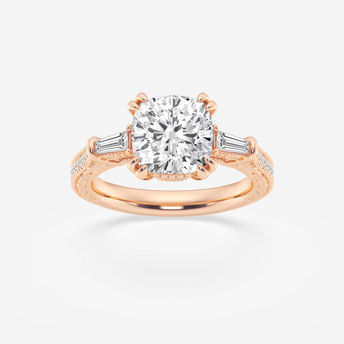 Celestia Cushion Lab-Grown Diamond Old Mine Cut Filigree Engagement Ring with Baguette Side Stones