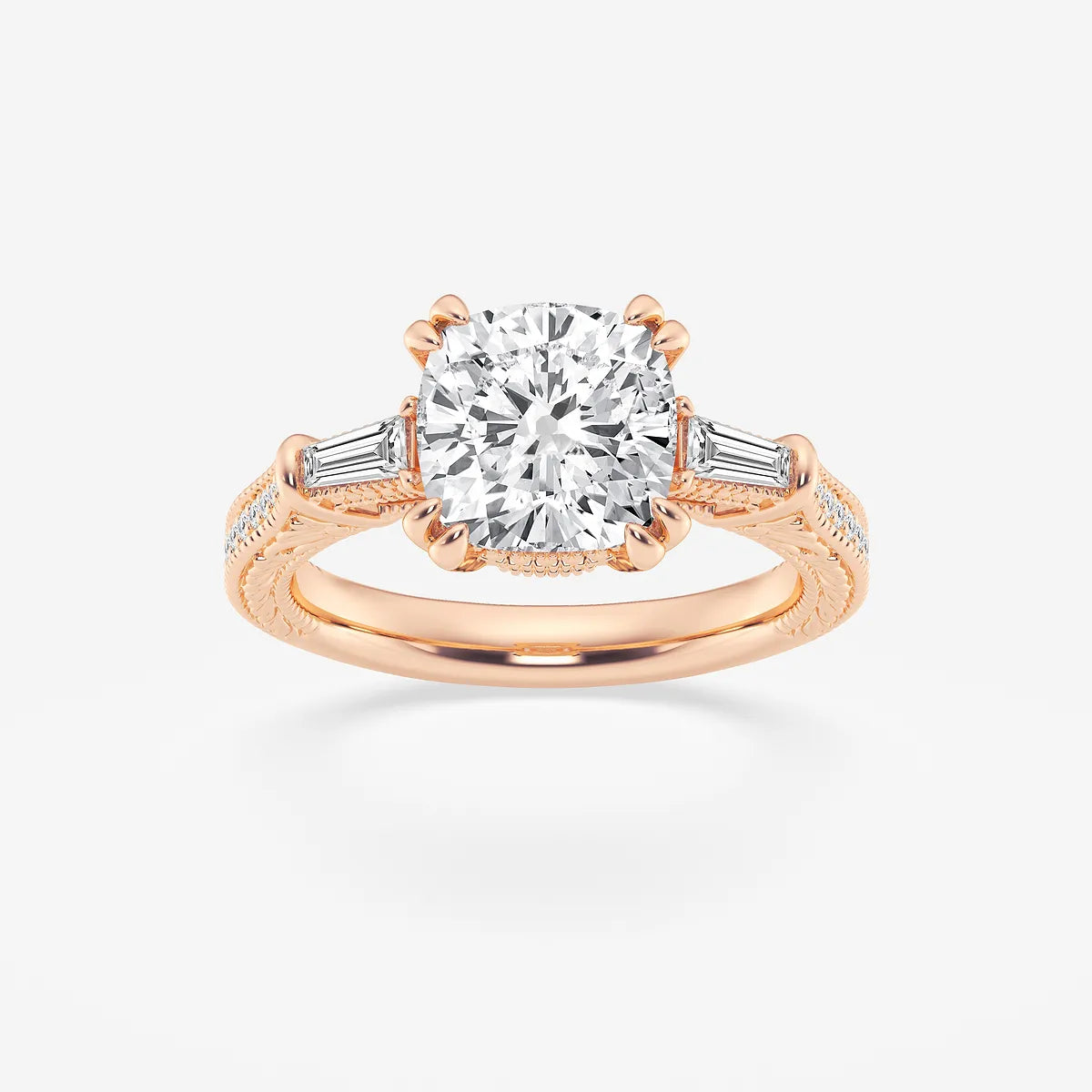 Celestia Cushion Lab-Grown Diamond Old Mine Cut Filigree Engagement Ring with Baguette Side Stones