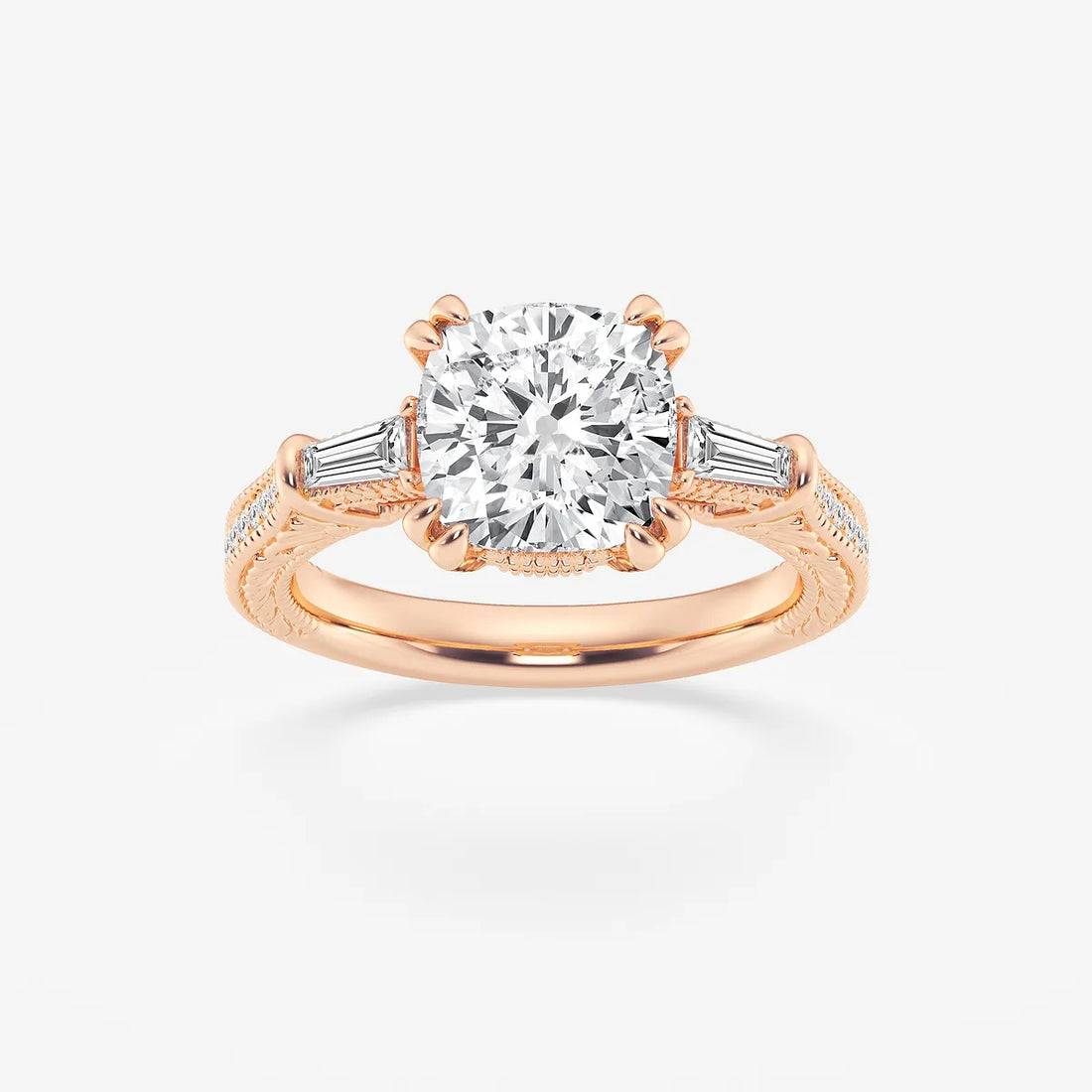 Celestia Cushion Lab-Grown Diamond Old Mine Cut Filigree Engagement Ring with Baguette Side Stones