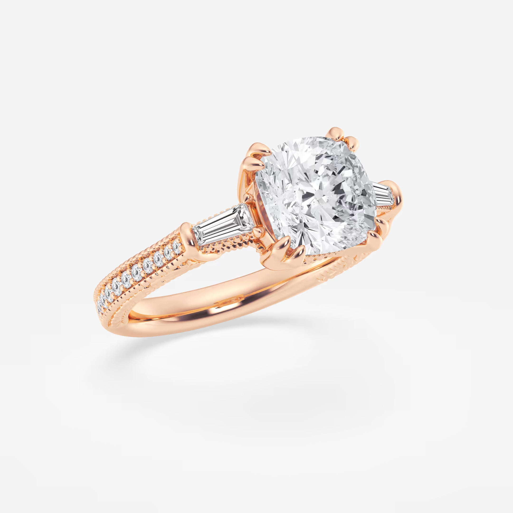 Celestia Cushion Lab-Grown Diamond Old Mine Cut Filigree Engagement Ring with Baguette Side Stones