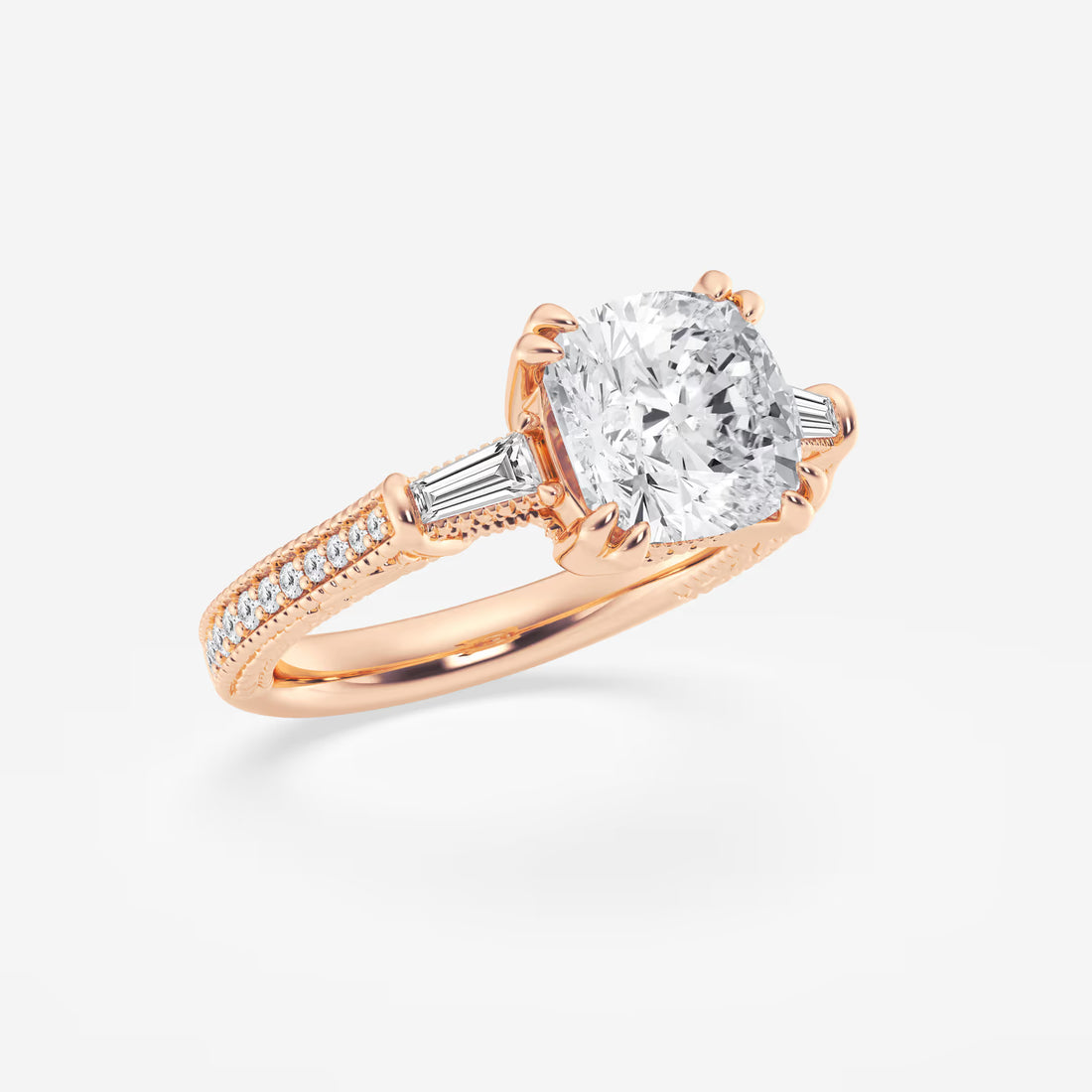 Celestia Cushion Lab-Grown Diamond Old Mine Cut Filigree Engagement Ring with Baguette Side Stones