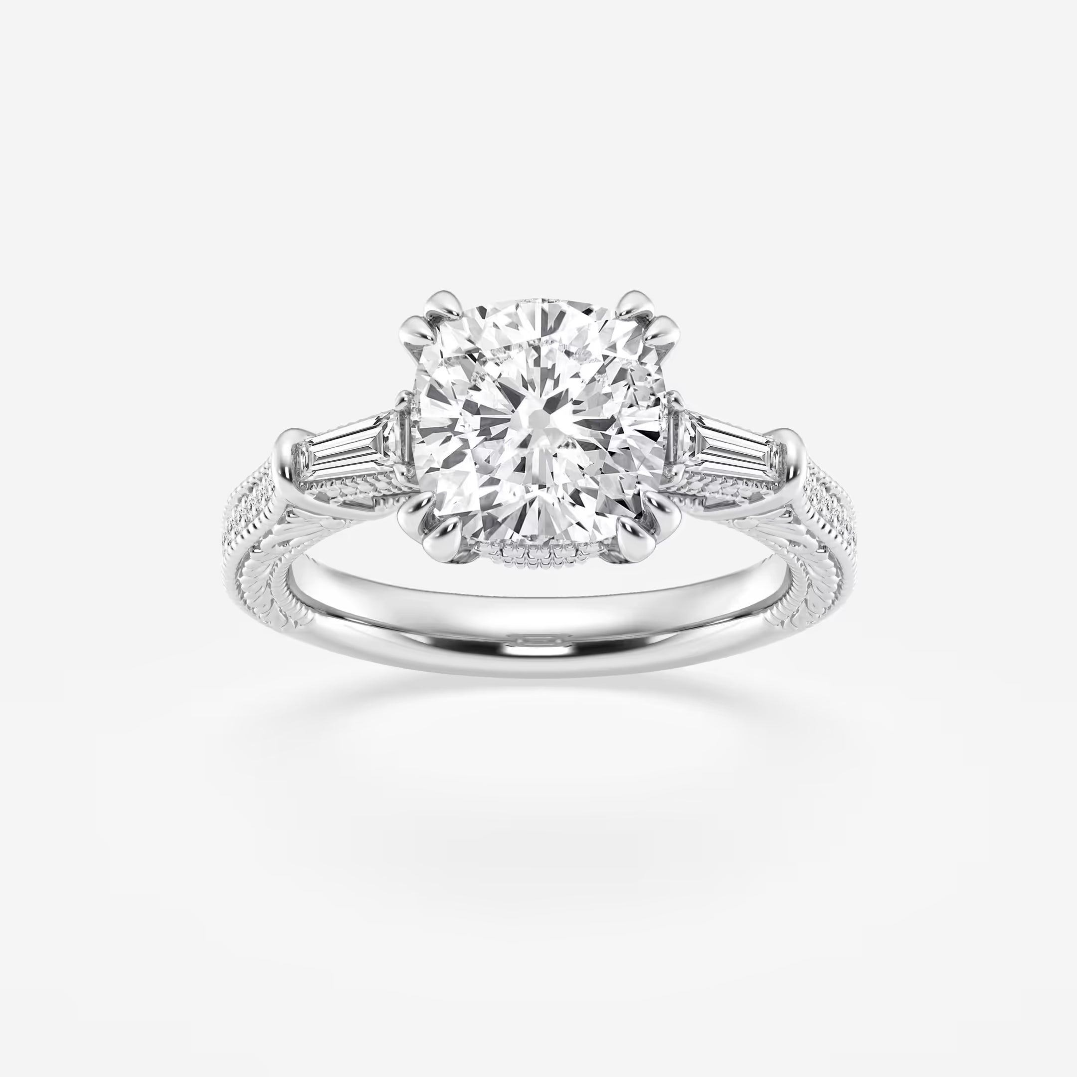 Celestia Cushion Lab-Grown Diamond Old Mine Cut Filigree Engagement Ring with Baguette Side Stones