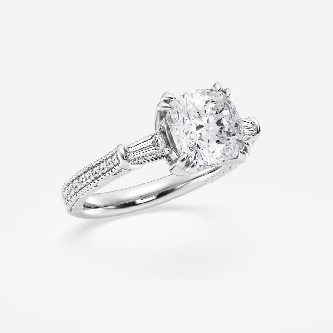 Celestia Cushion Lab-Grown Diamond Old Mine Cut Filigree Engagement Ring with Baguette Side Stones