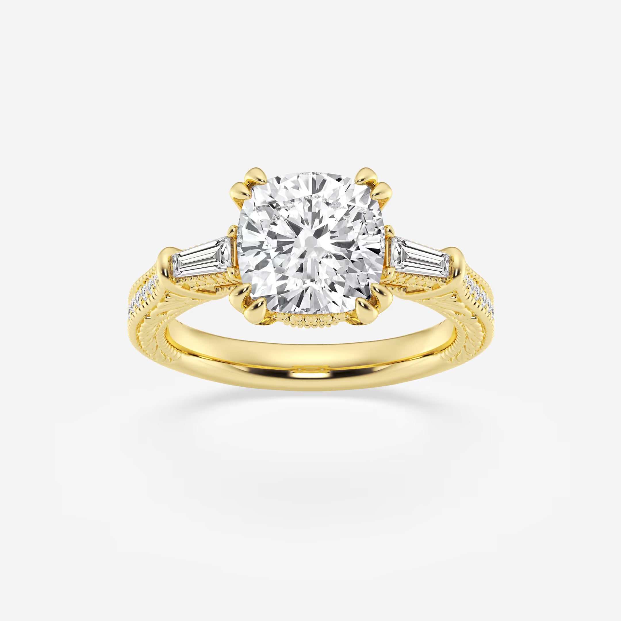 Celestia Cushion Lab-Grown Diamond Old Mine Cut Filigree Engagement Ring with Baguette Side Stones