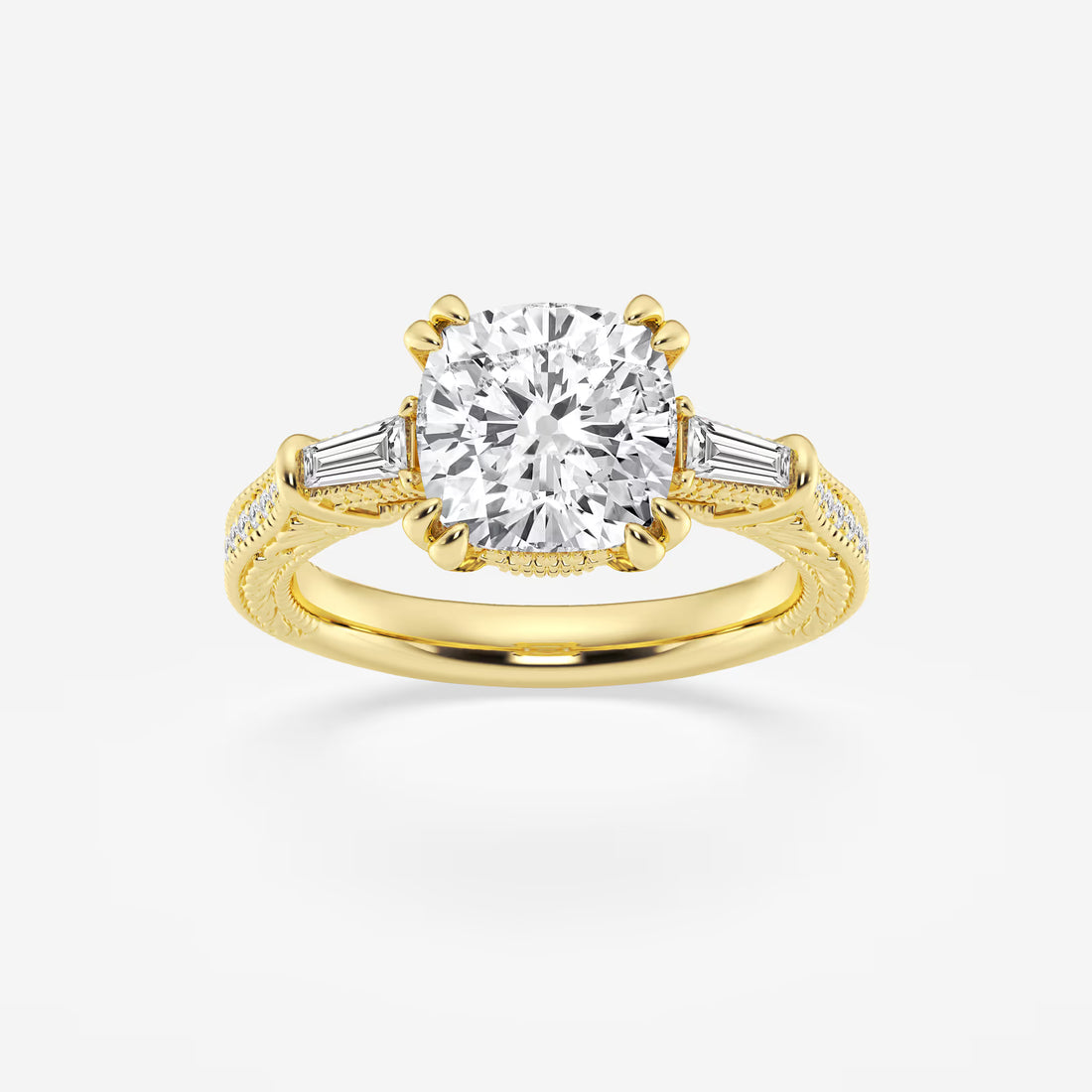 Celestia Cushion Lab-Grown Diamond Old Mine Cut Filigree Engagement Ring with Baguette Side Stones