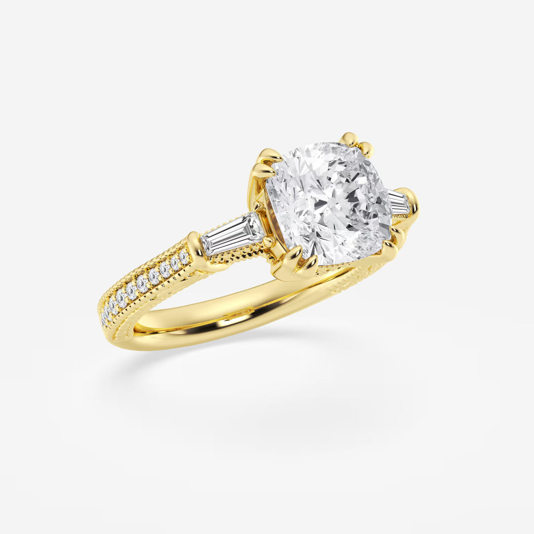 Celestia Cushion Lab-Grown Diamond Old Mine Cut Filigree Engagement Ring with Baguette Side Stones