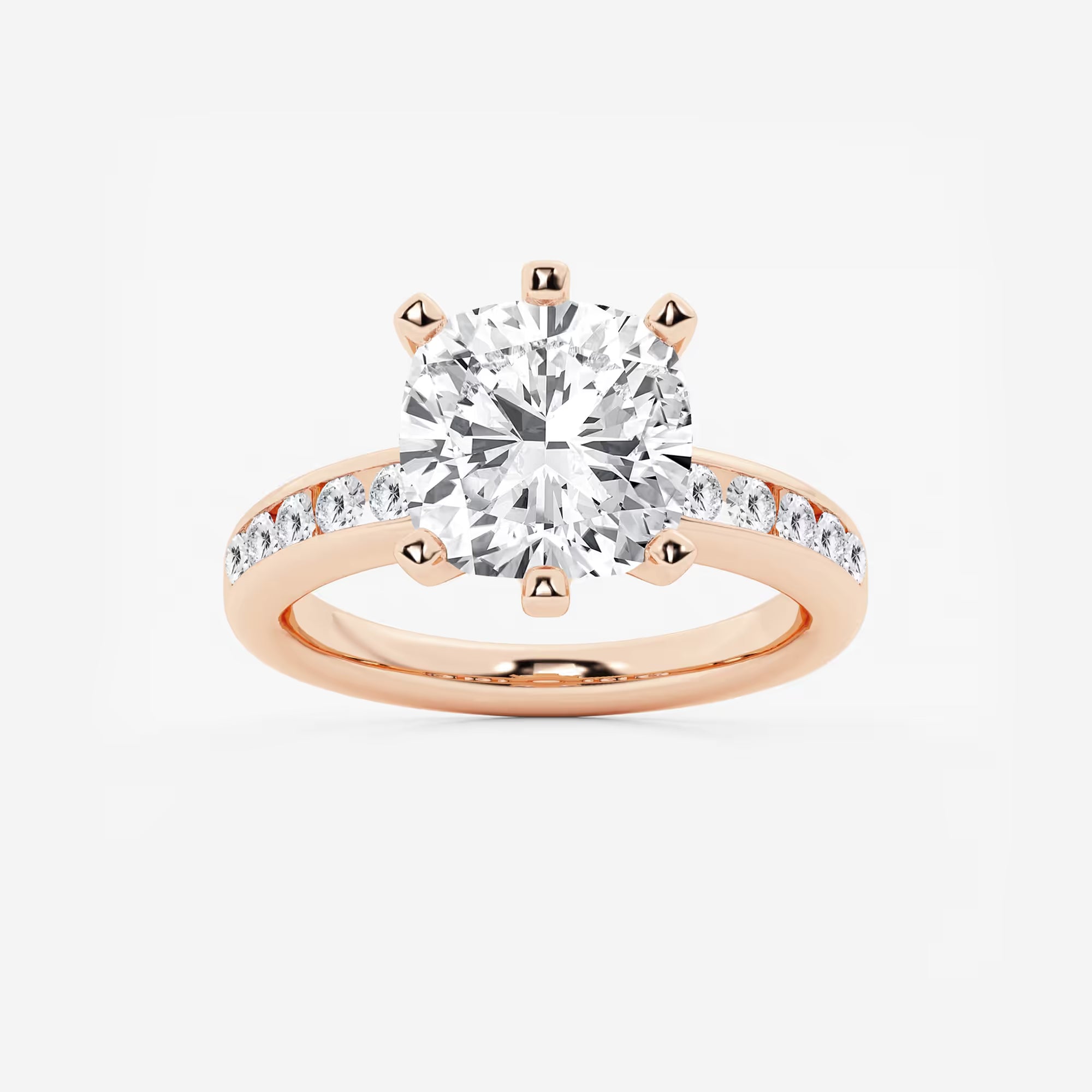 Cushion Cut Lab Grown Diamond Six-Prong Channel Set Side Stone Engagement Ring