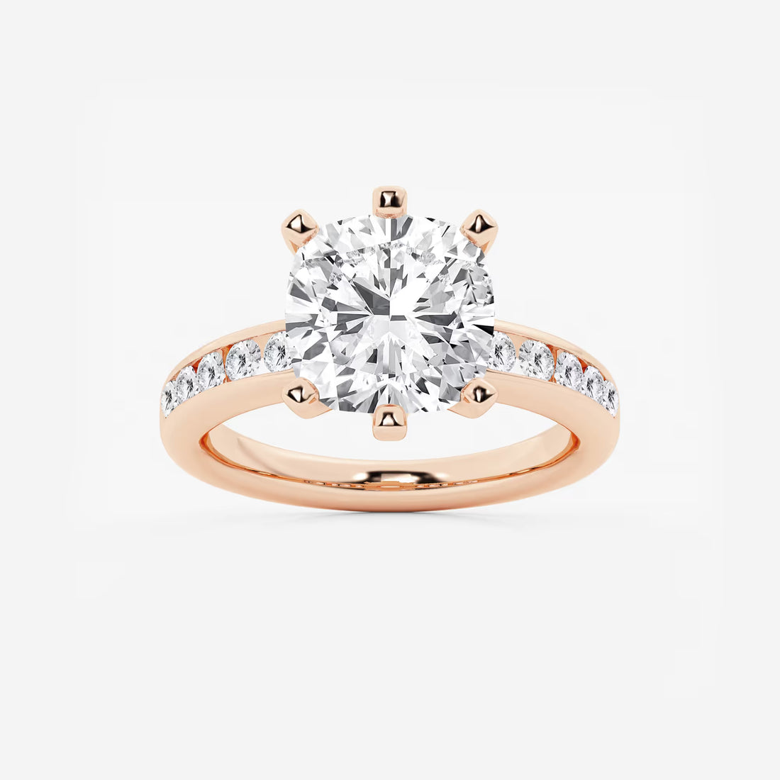 Cushion Cut Lab Grown Diamond Six-Prong Channel Set Side Stone Engagement Ring