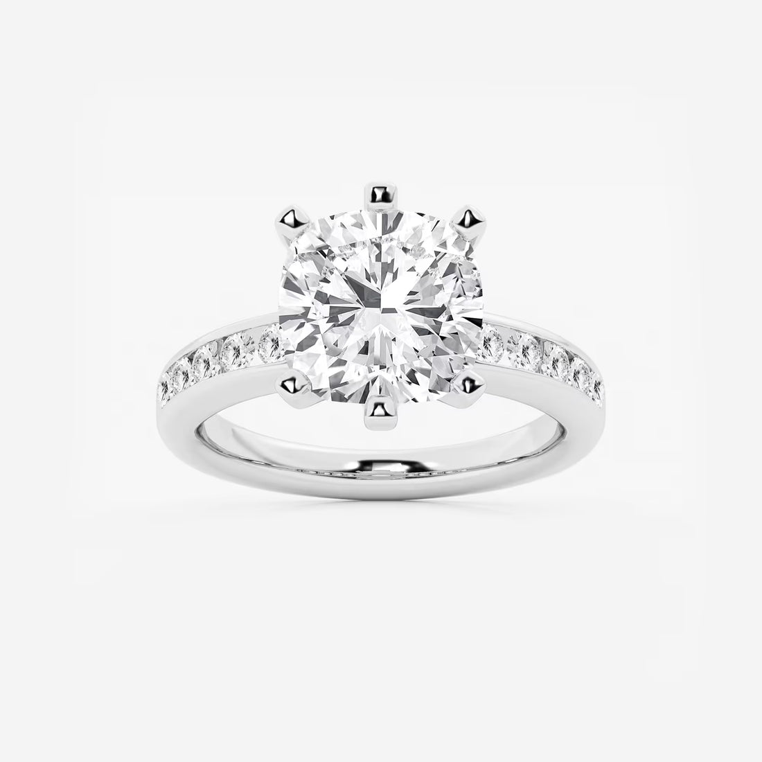 Cushion Cut Lab Grown Diamond Six-Prong Channel Set Side Stone Engagement Ring
