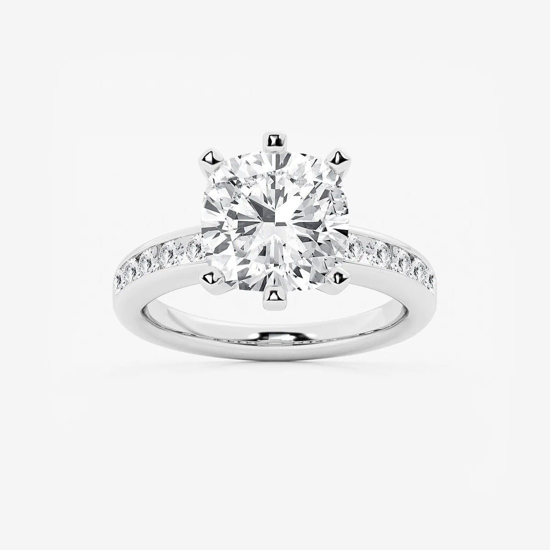 Cushion Cut Lab Grown Diamond Six-Prong Channel Set Side Stone Engagement Ring